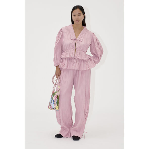 2342 Pleated Poly, Balloon Sleeve Tie Top