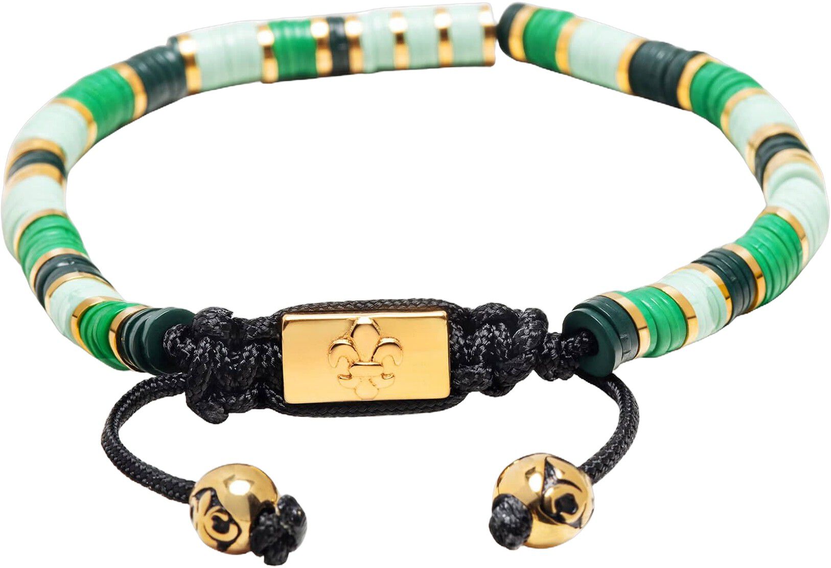 Men's Beaded Bracelet with Light Green and Gold Disc Beads