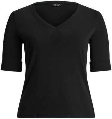Stretch Cotton Elbow-Sleeve V-Neck Tee