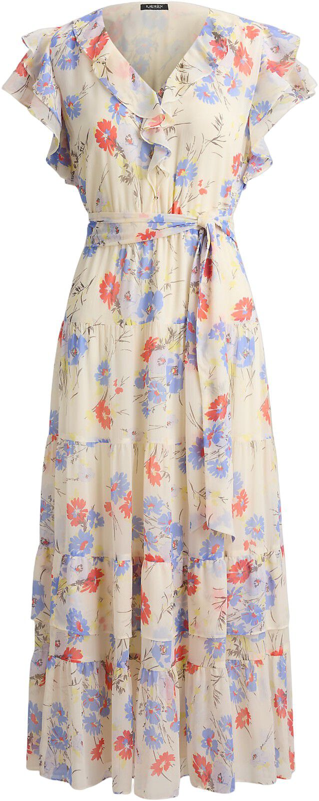 Floral Belted Georgette Tiered Dress