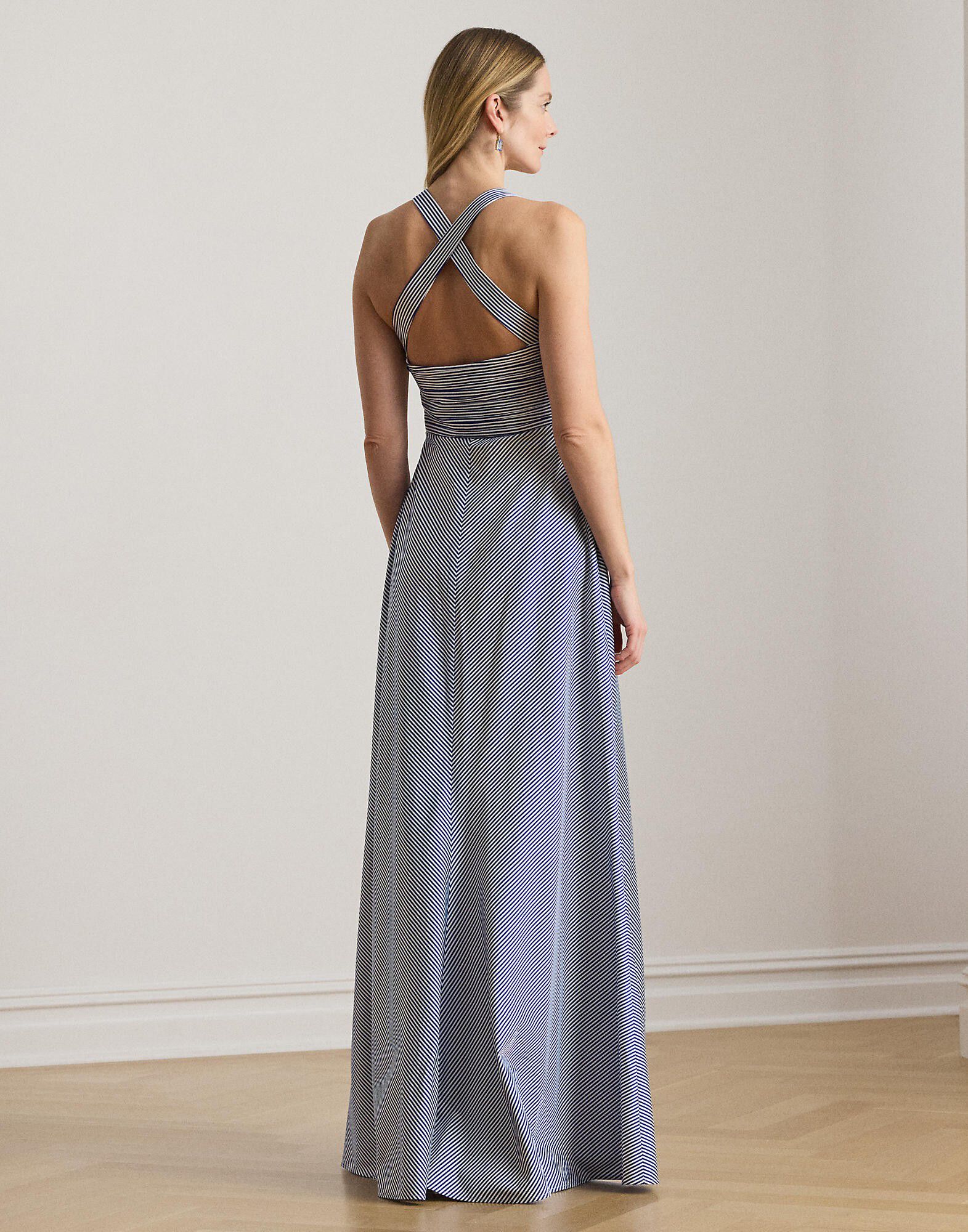 Striped Pleated Taffeta Sleeveless Gown