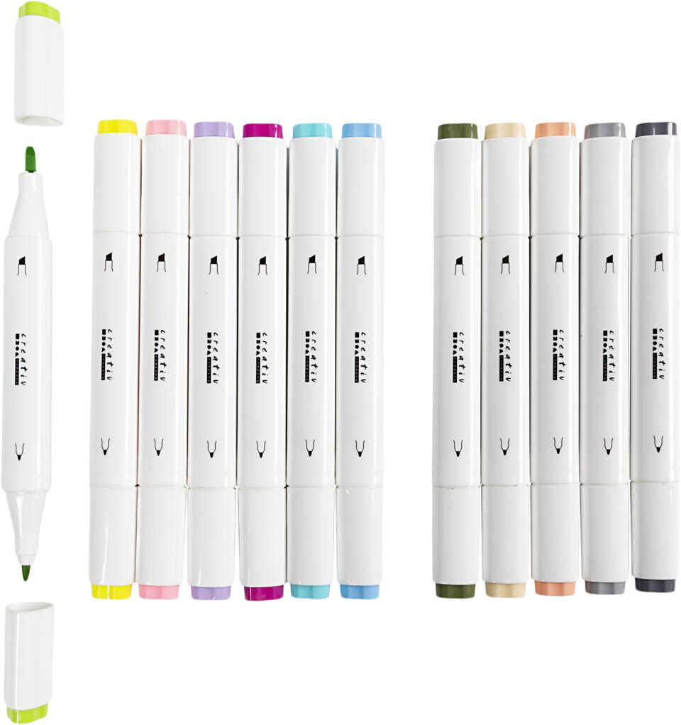 Tegnetusch, streg 1+8 mm, pastelfarver, 12stk.