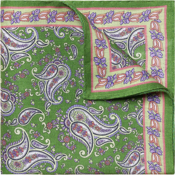 Green Paisley Linen Pocket Square