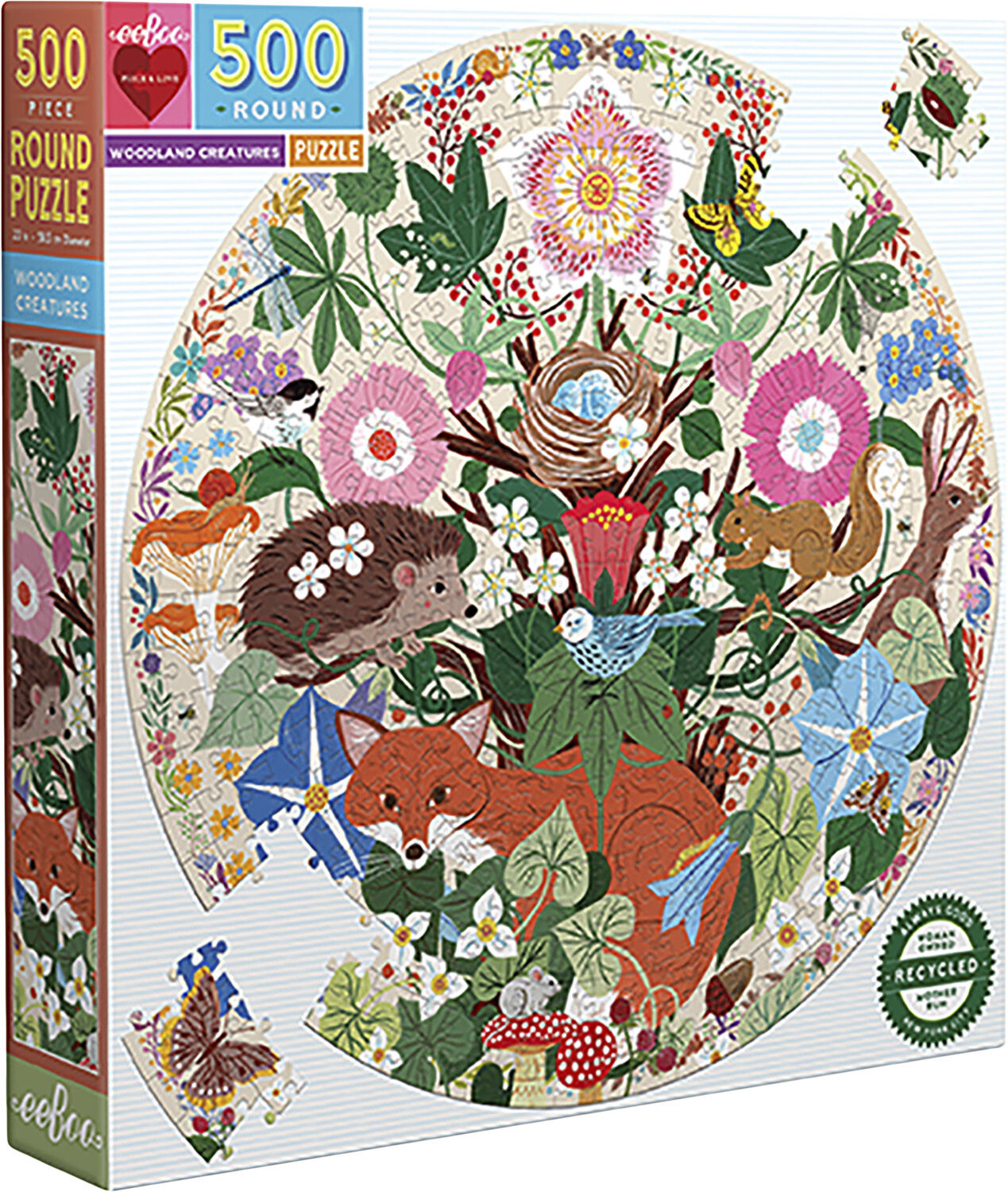 eeBoo - Rundt puslespil 500 brk - Woodland Creatures