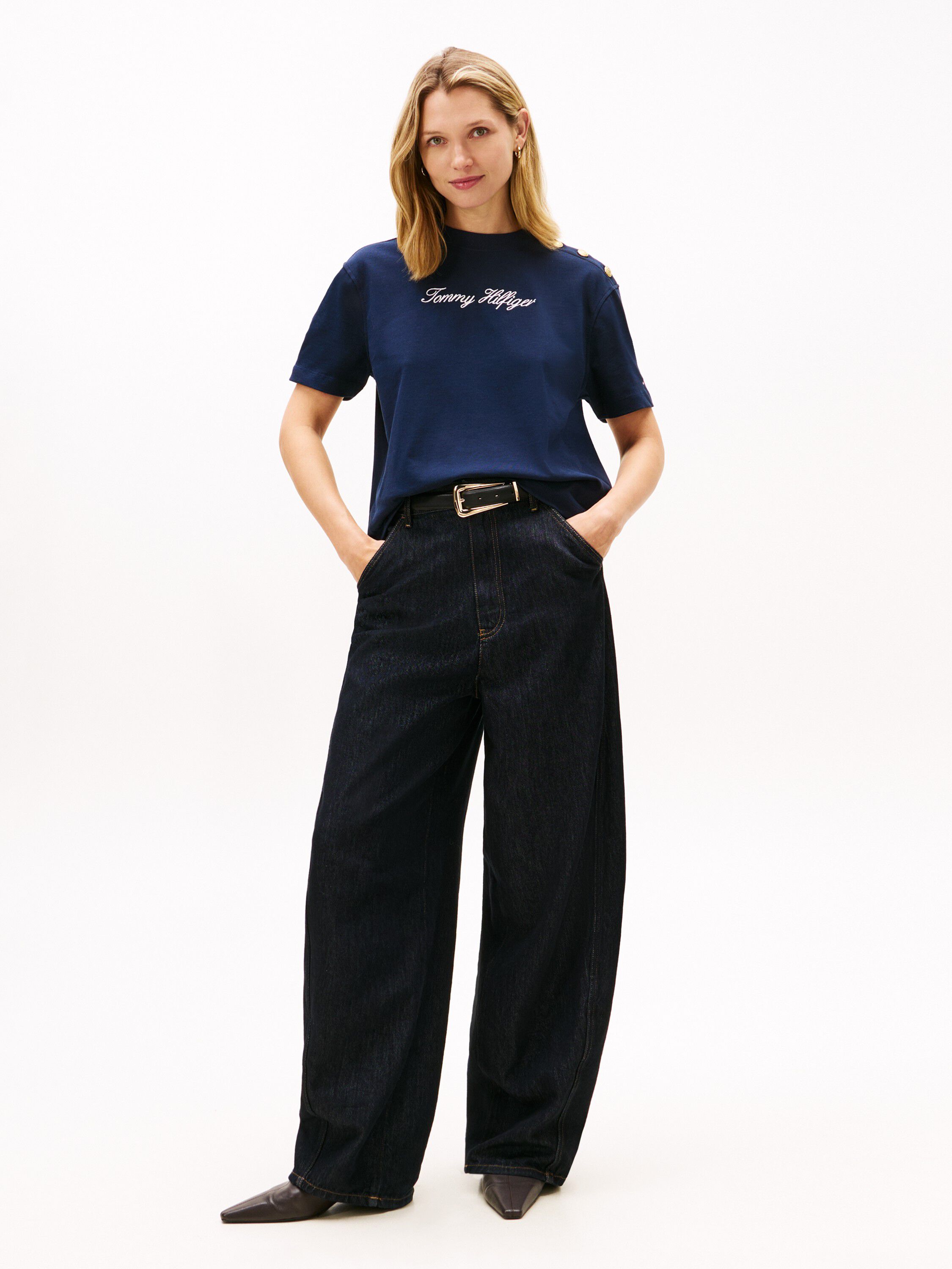 Gold-Tone Button Logo Embroidery Relaxed T-Shirt