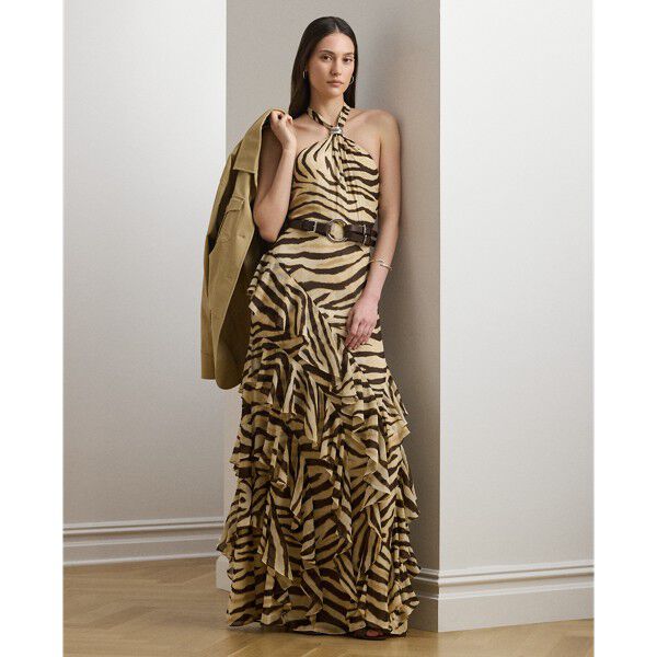 Zebra-Print Ruffle-Trim Georgette Gown