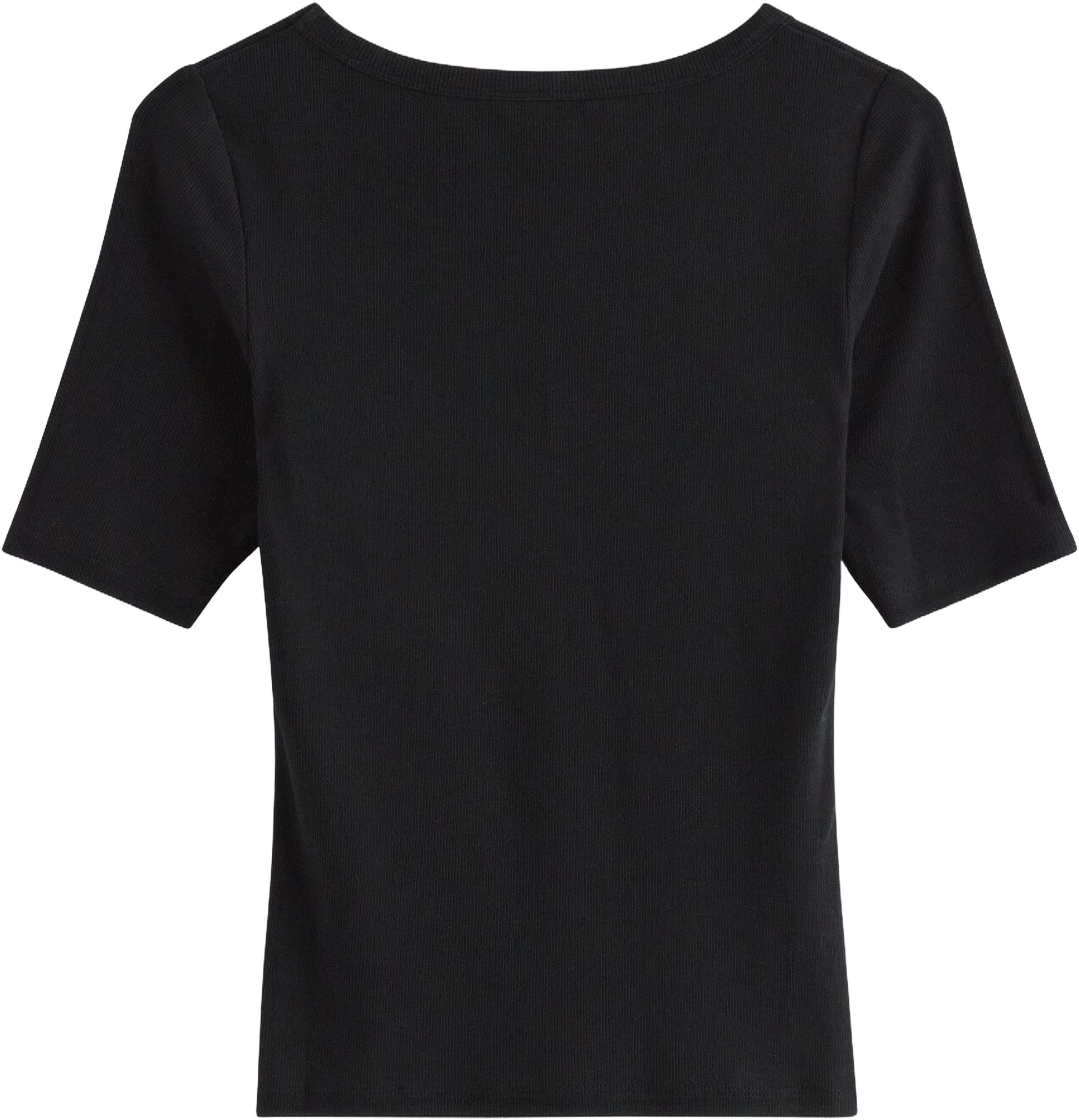 Ribbet top med korte &aelig;rmer, v-hals