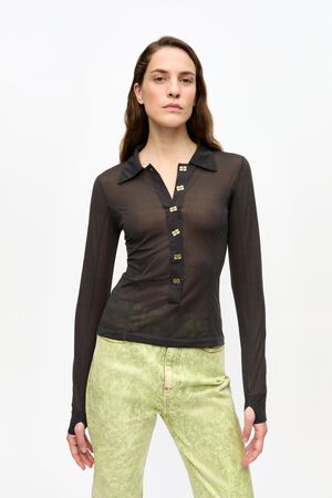 Sheer Mesh Jersey Buttoned Collar T