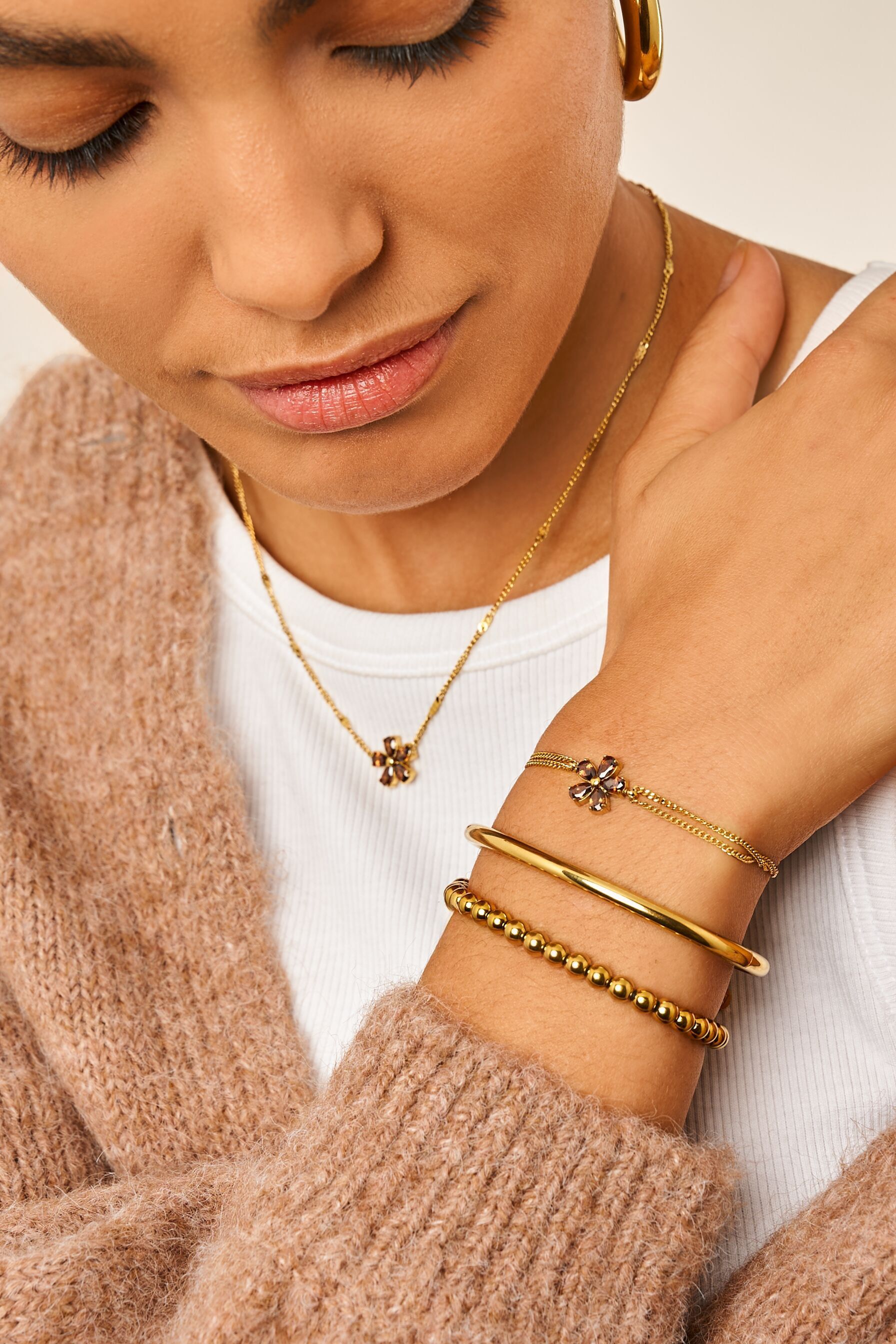 Bracelet dubble chain brown strass flower