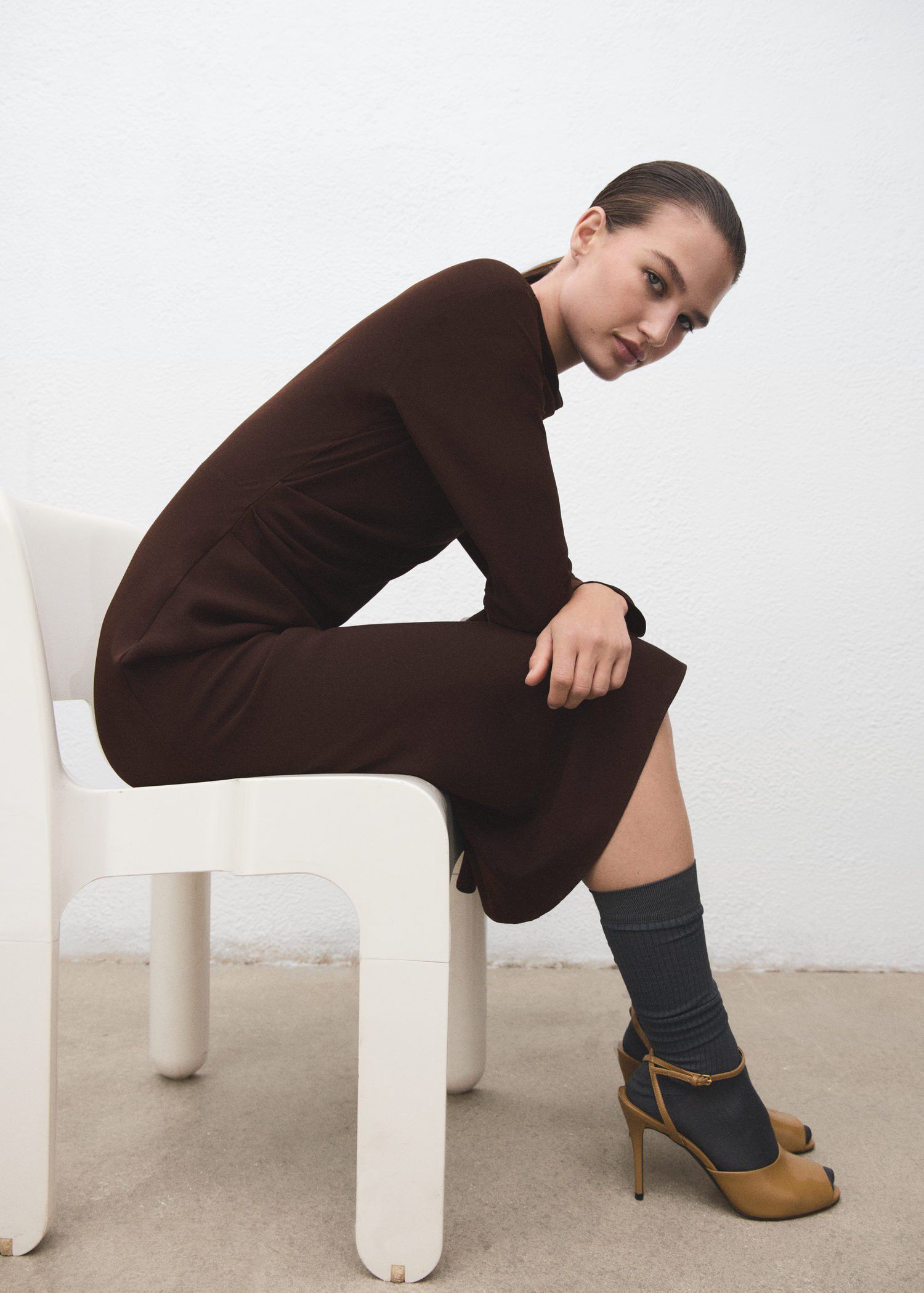 Ruched dress with draped neckline