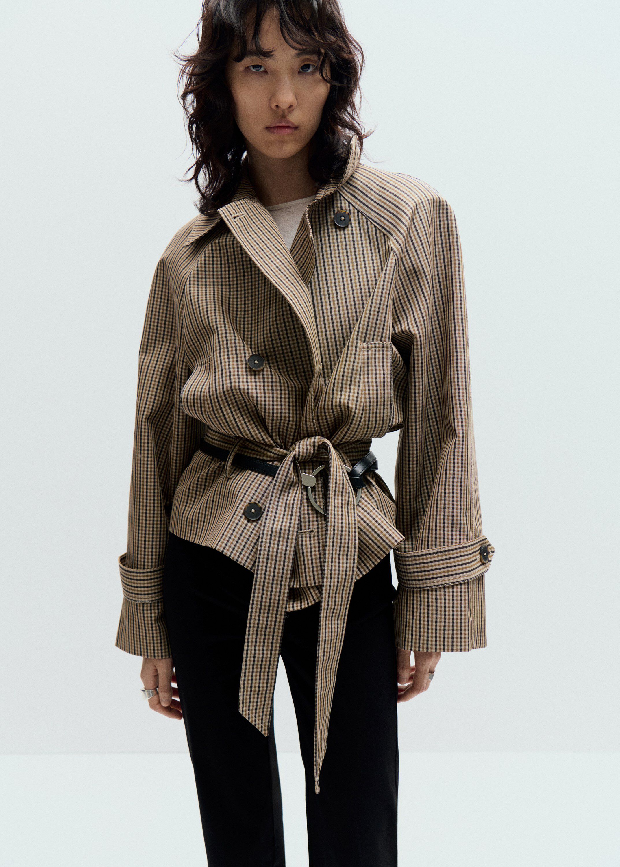 Short checked trench coat with belt