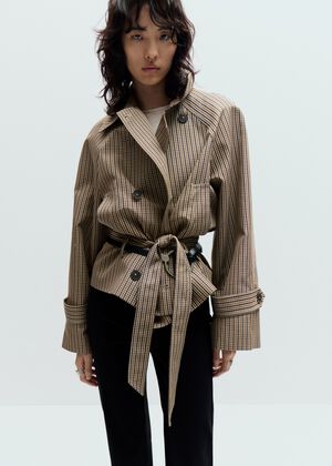 Short checked trench coat with belt