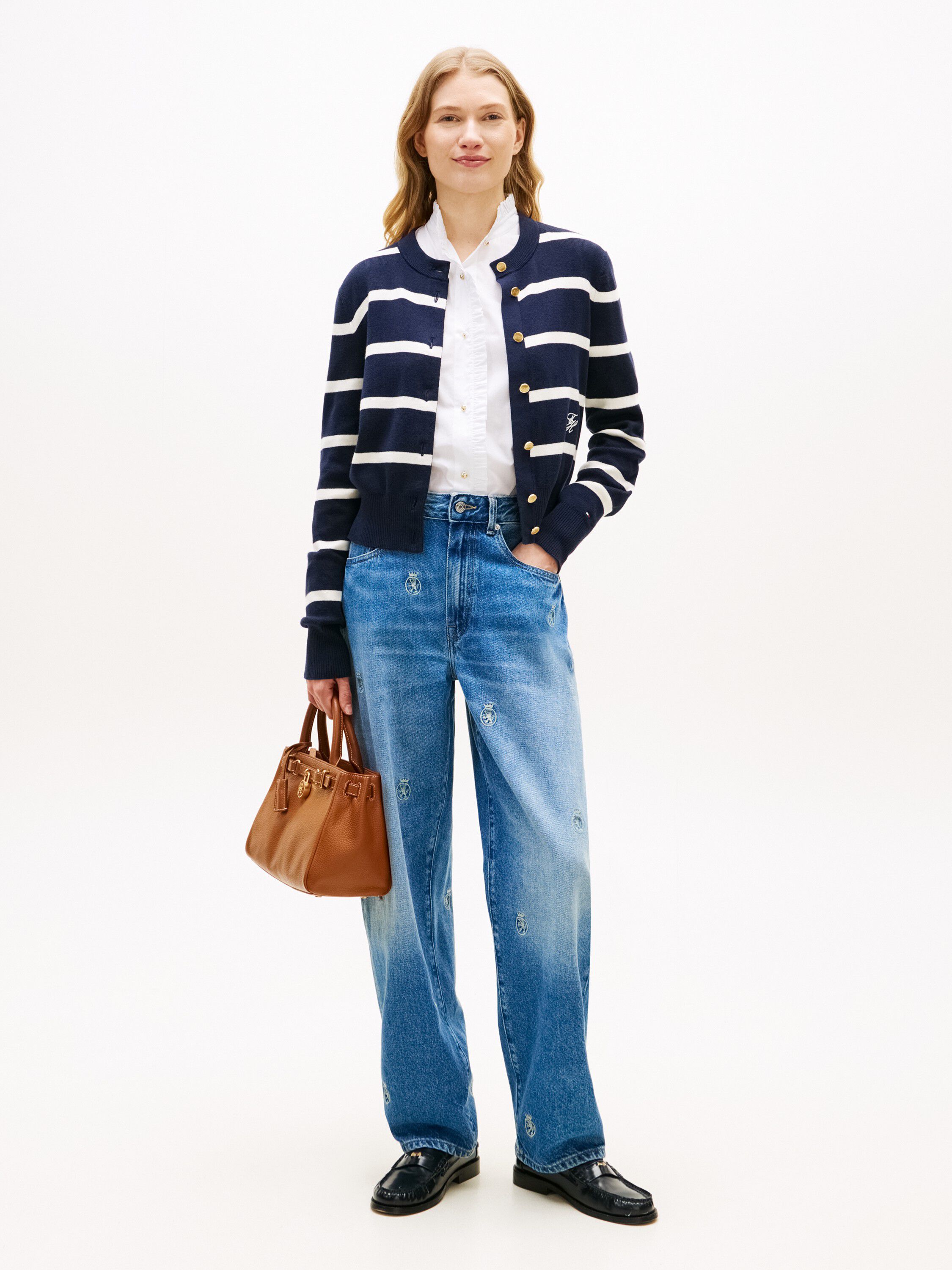 Crest Embroidery Mid Rise Barrel Leg Jeans