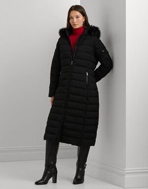 Faux-Fur-Trim Quilted Hooded Coat