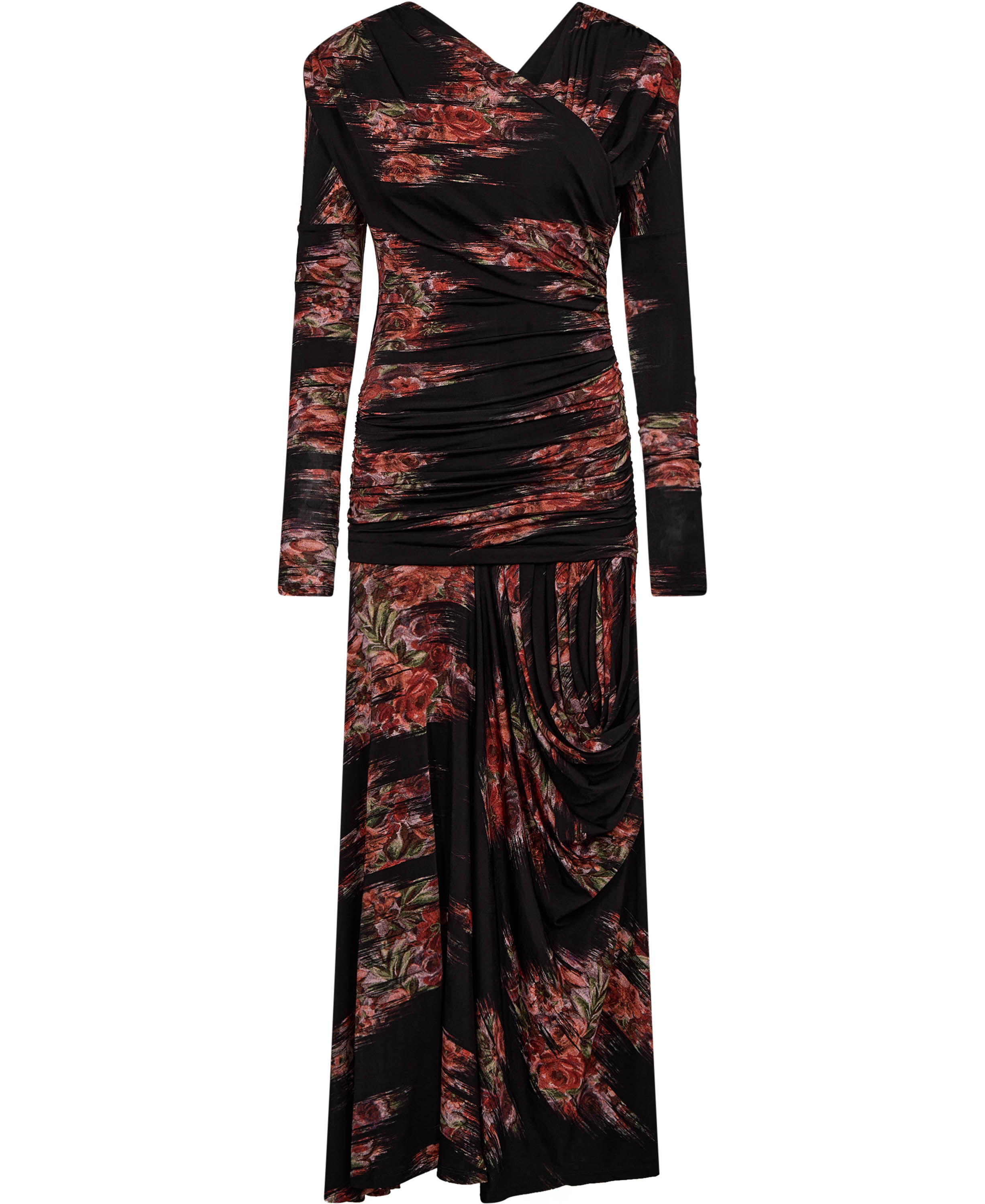 Printed Shiny Jersey Ruched Long Dr