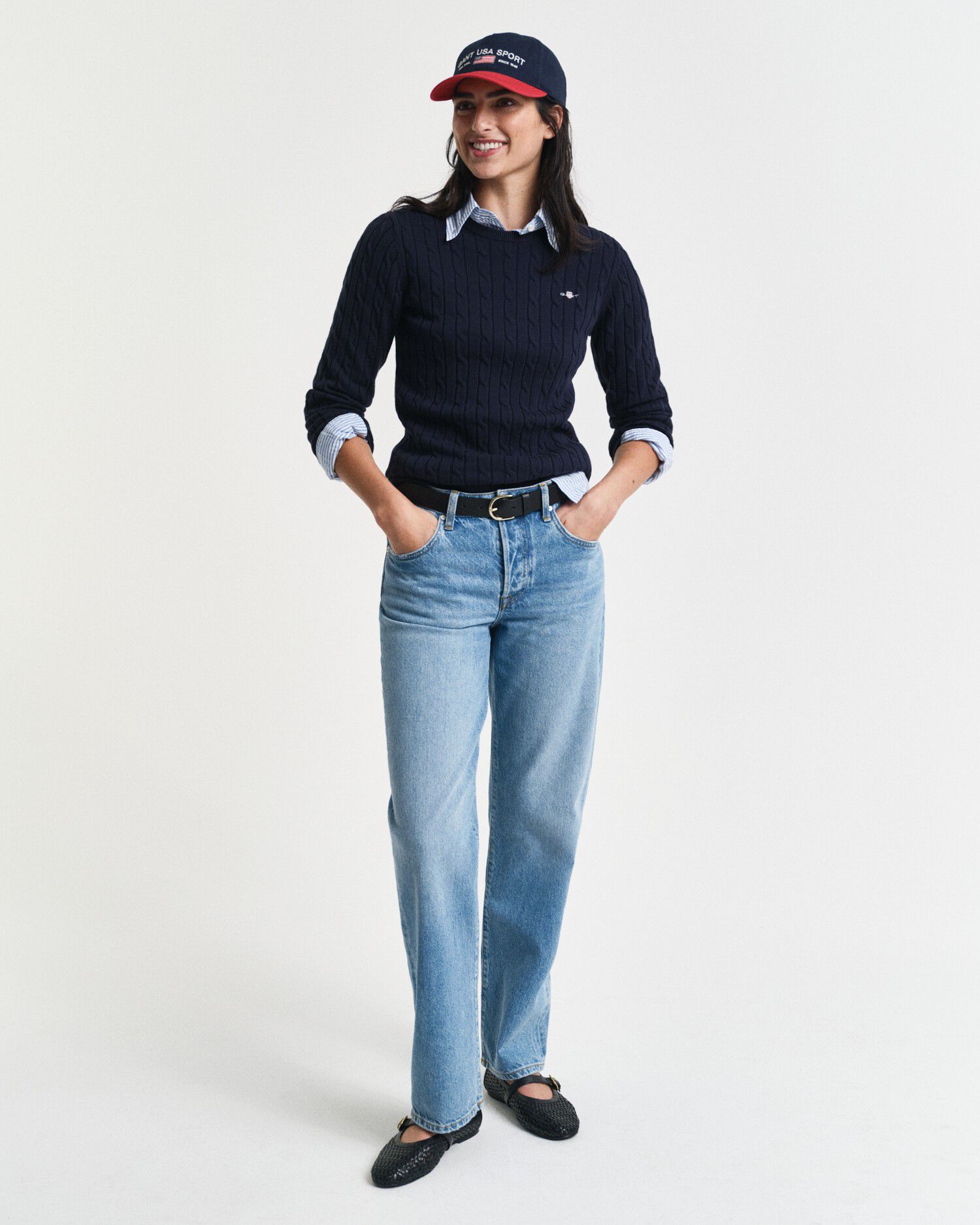 STRETCH COTTON CABLE C-NECK