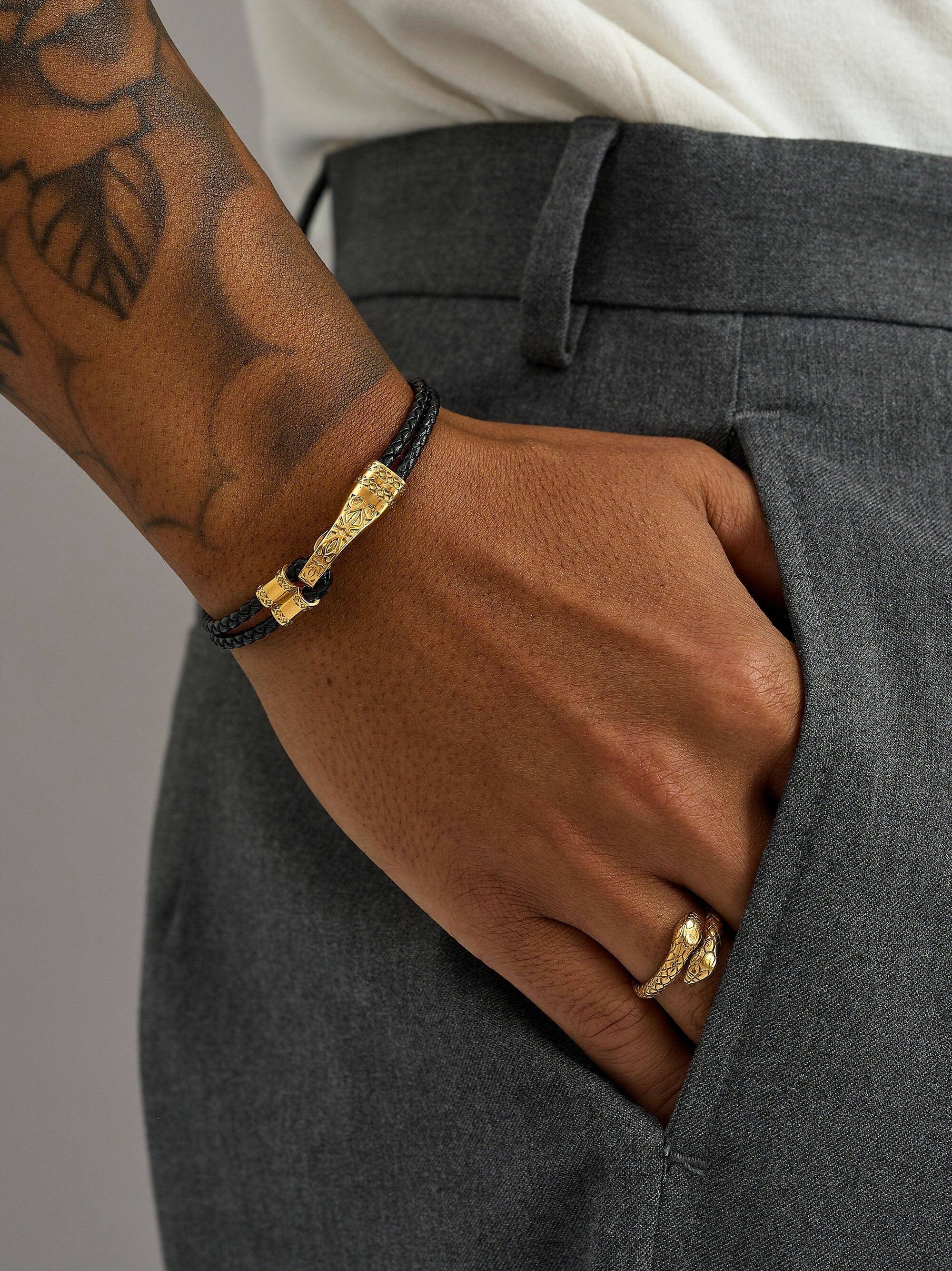 Black Leather Bracelet with Gold Clasp