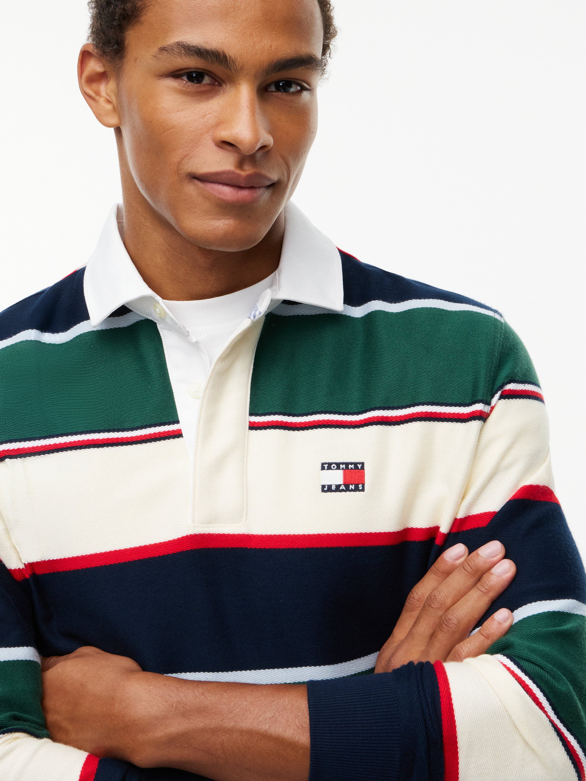 Relaxed Fit Rugby Stripe Long Sleeve Polo Shirt