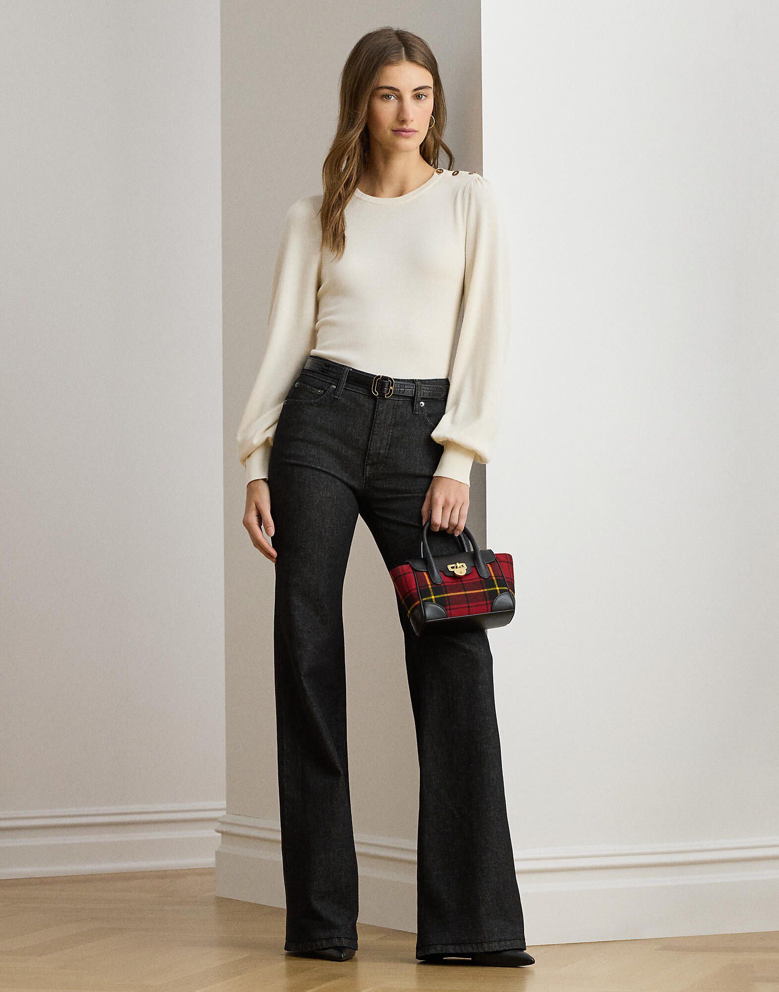 Button-Trim Puff-Sleeve Sweater