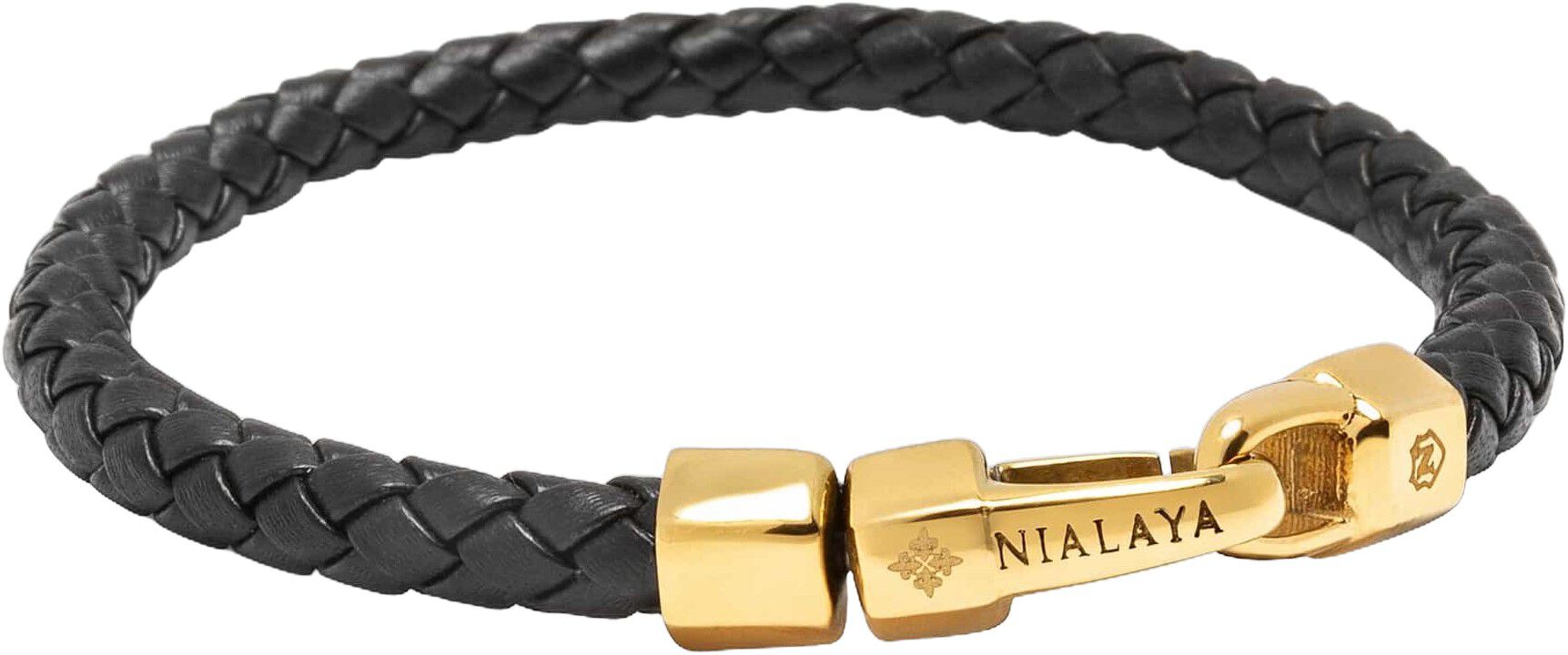 Braided Black Leather Bracelet in Gold