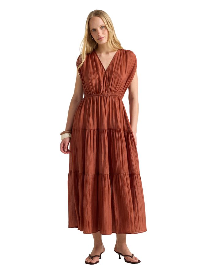 Midi dress with flounces and v-neck