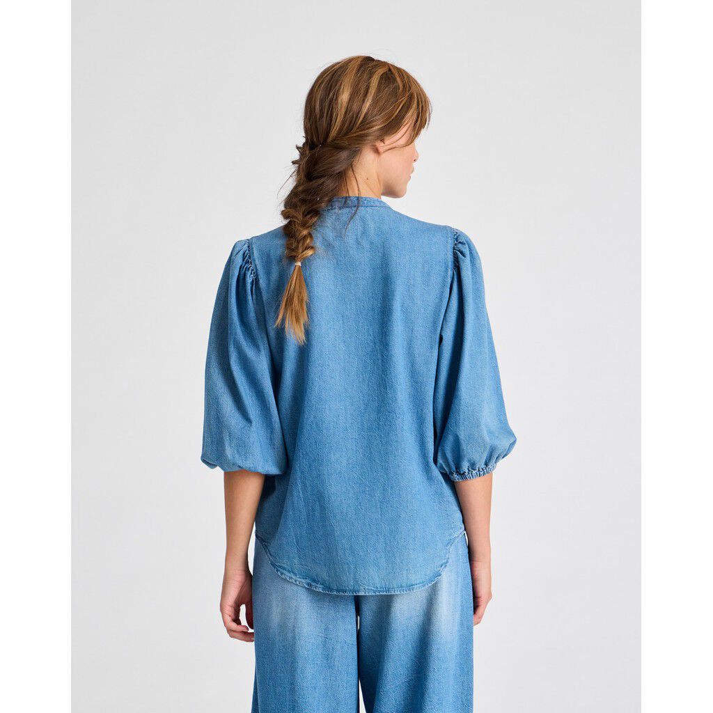 Elinor L/S Cotton Denim Light Washed Stand Collar Shirt GOTS