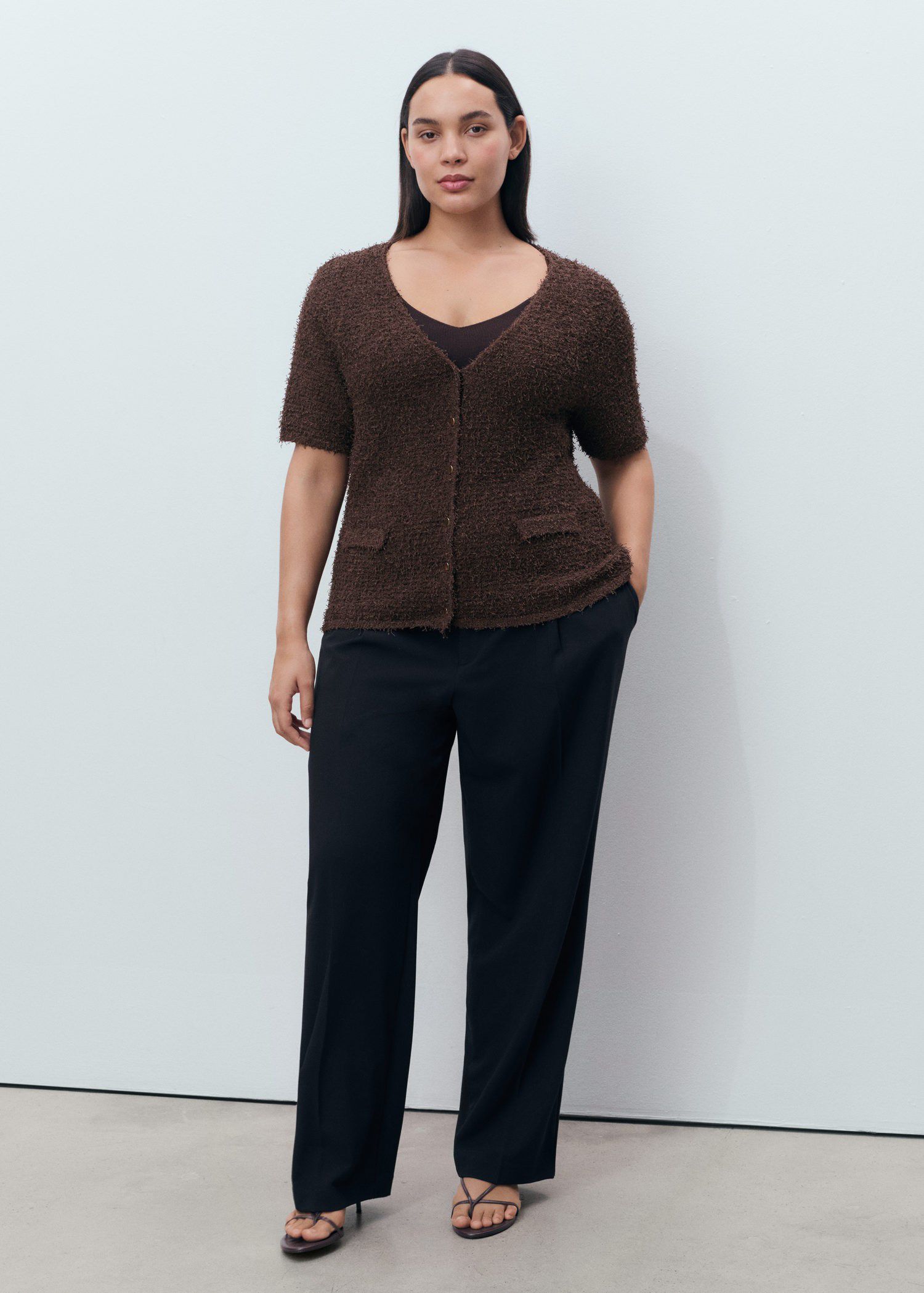Short-sleeved boucl&eacute; cardigan