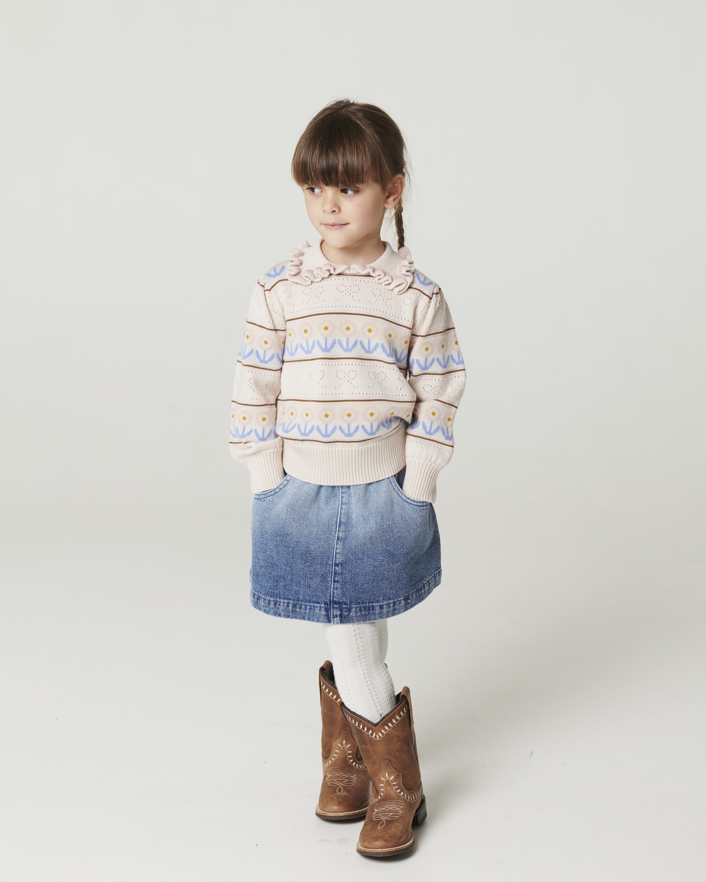 Knitted Collar Blouse w. Pointelle & Pattern