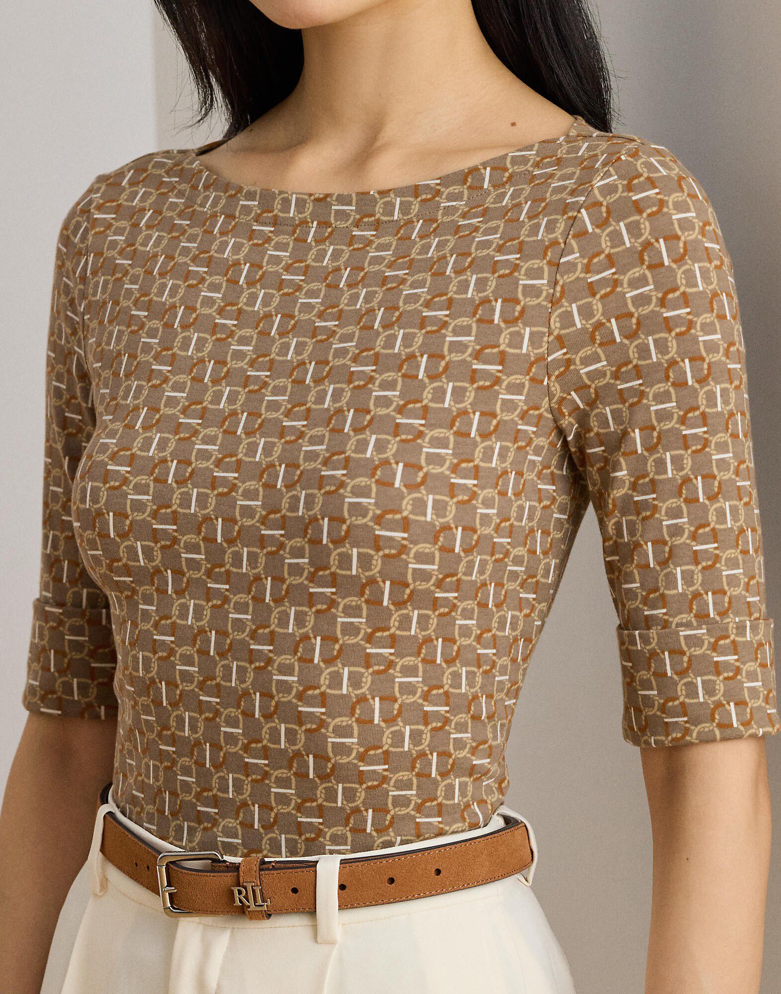 Geo-Print Stretch Cotton Boatneck Tee