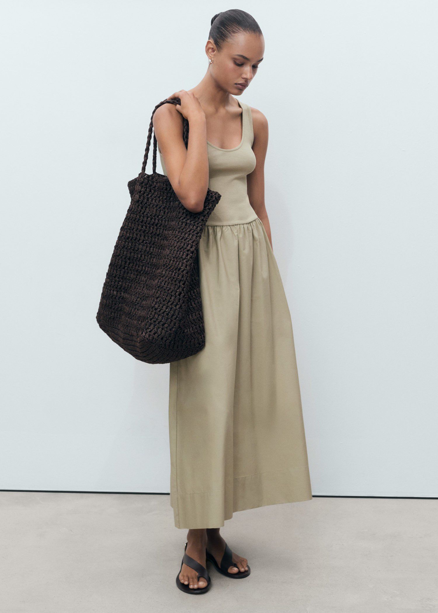 Flared dress in combined fabric