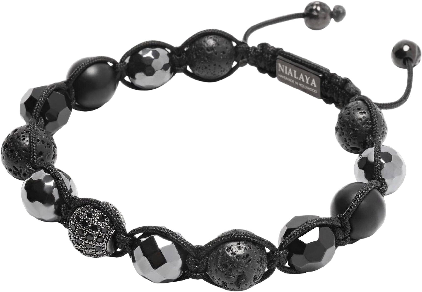Men's Beaded Bracelet with Black CZ Diamond, Lava Stone, Matte Onyx, a