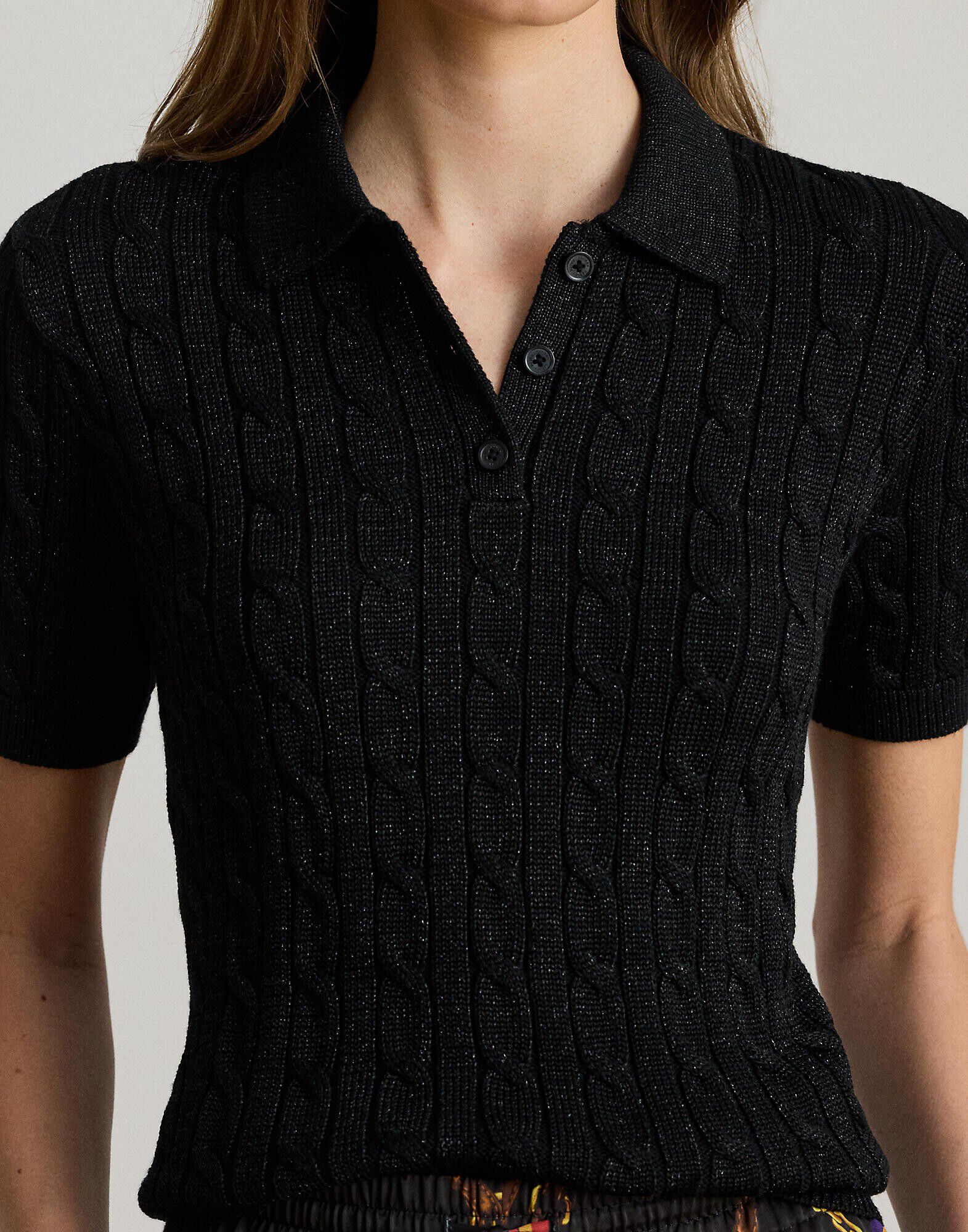 Metallic Cable-Knit Polo Sweater