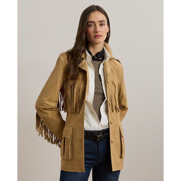 Fringe-Trim Belted Goat-Suede Jacket