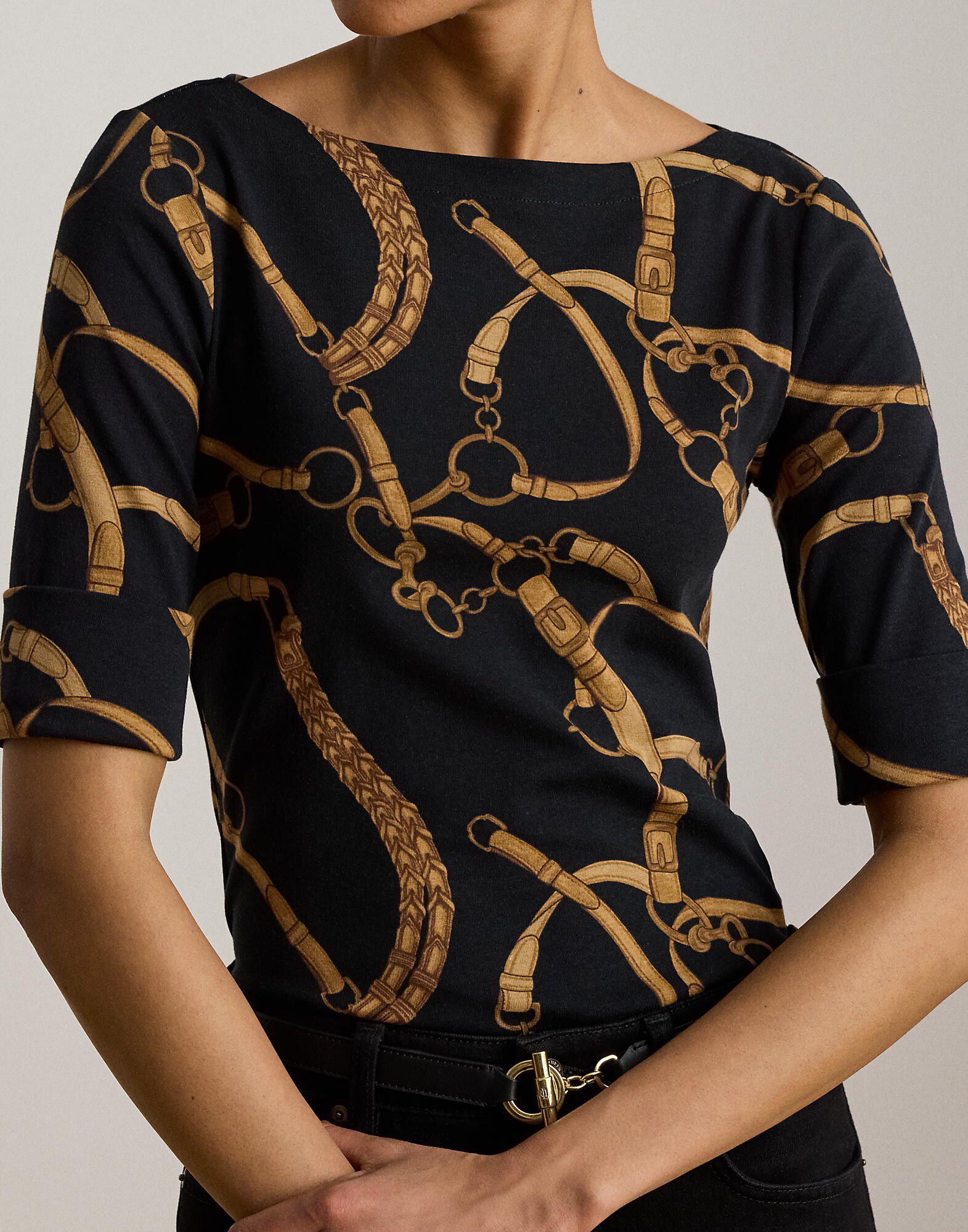 Belting-Print Cotton Boatneck Tee