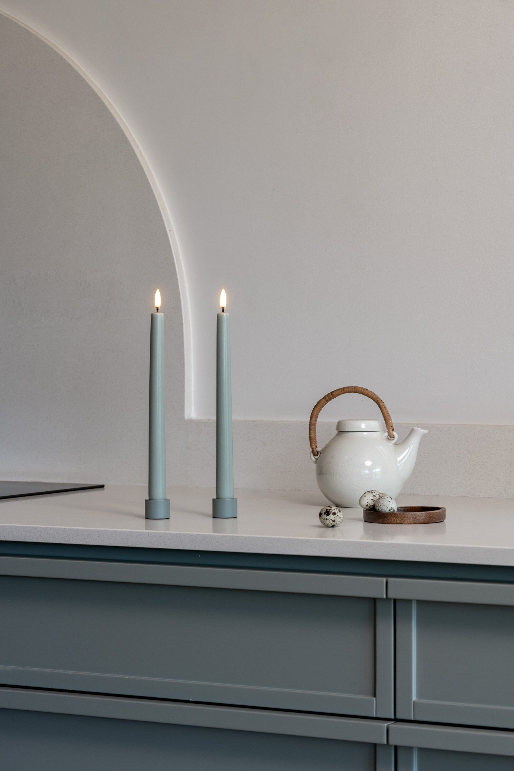 LED taper candle, Dusty green, Smooth, 2-pack, 2,3x25 cm