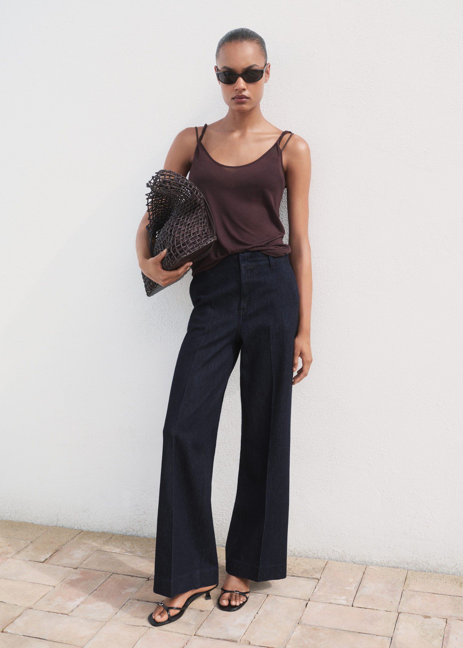 High-waisted wide leg denim pants