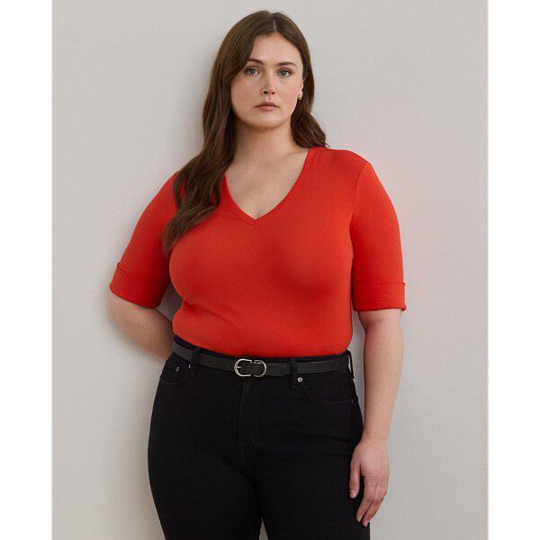 Stretch Cotton Elbow-Sleeve V-Neck Tee