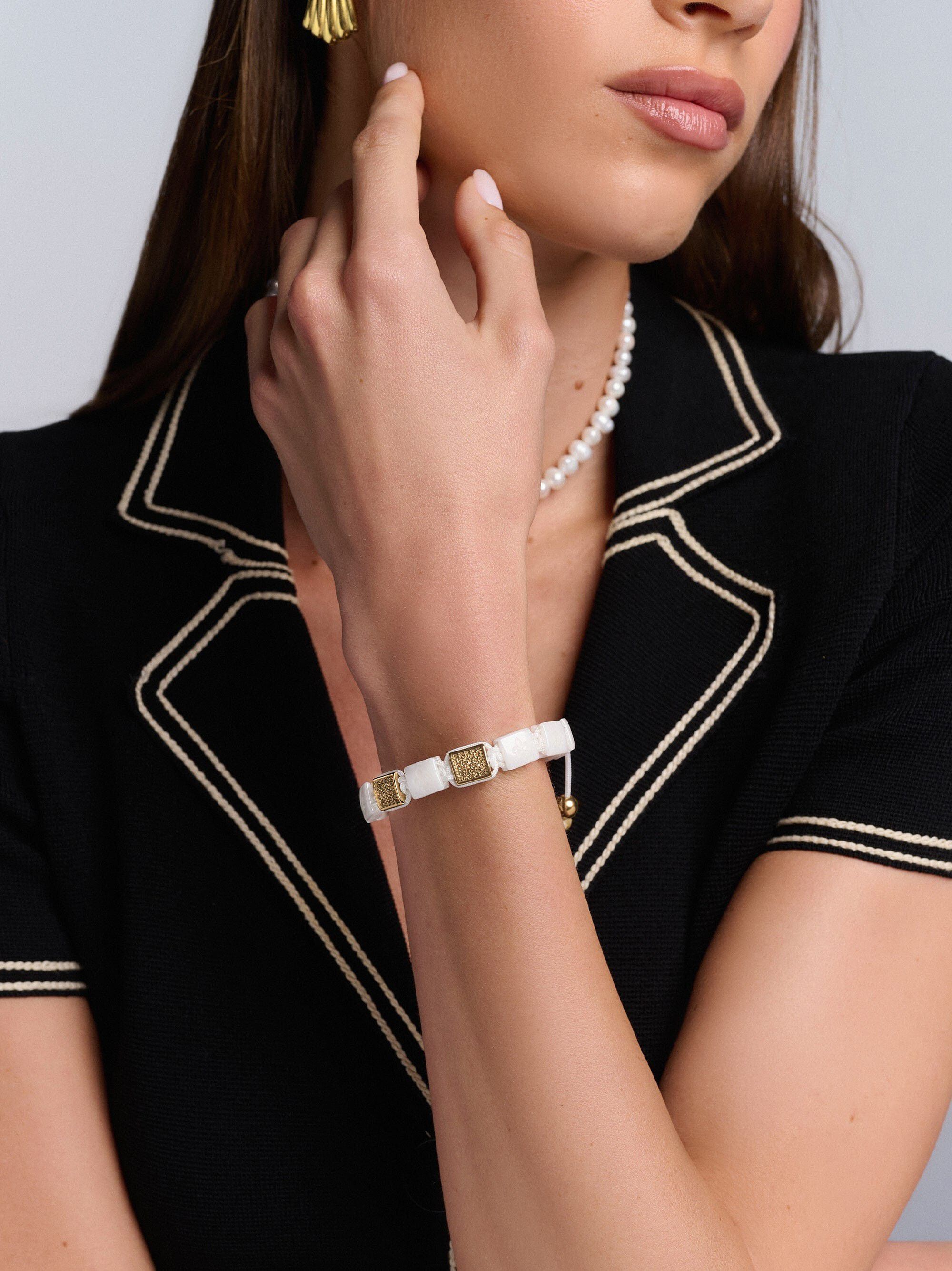 Women's White Ceramic Flatbead Bracelet with Gold CZ