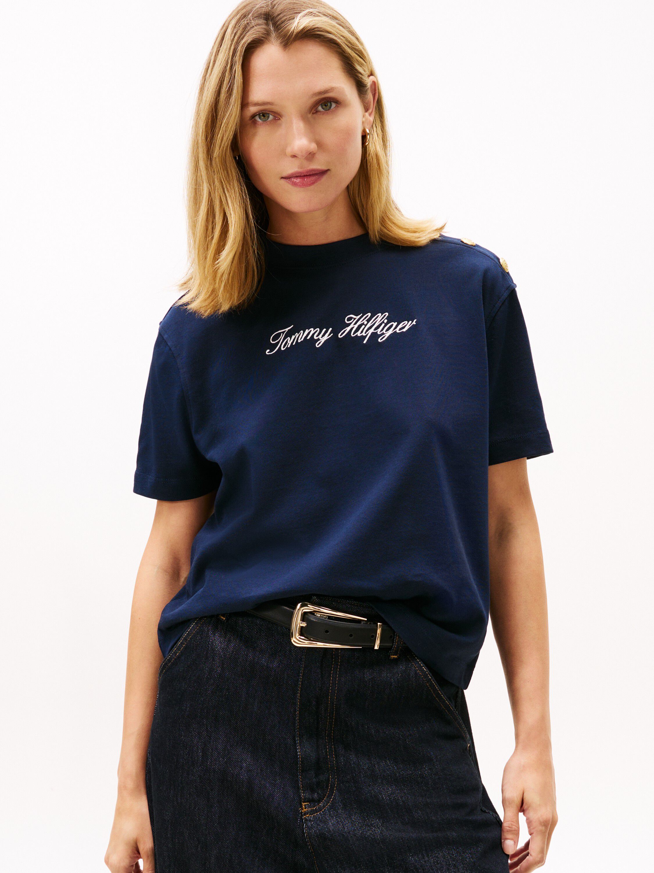 Gold-Tone Button Logo Embroidery Relaxed T-Shirt