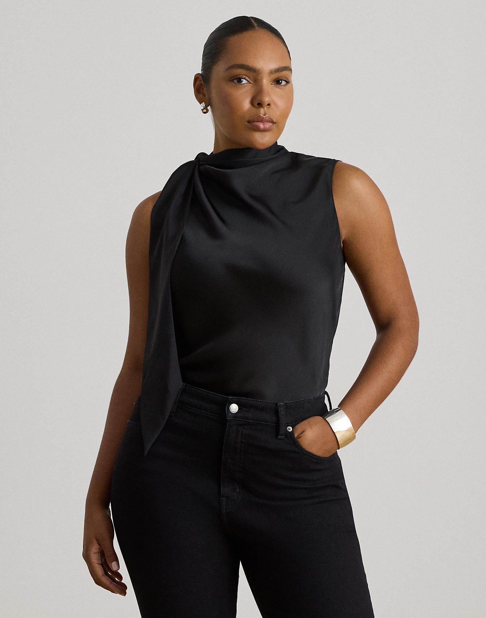 Tie-Neck Charmeuse Sleeveless Blouse