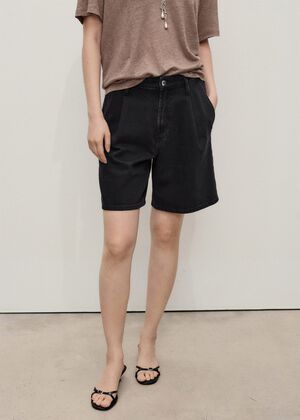 Pleated denim Bermuda shorts