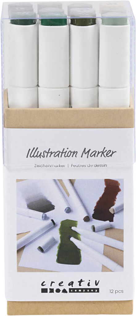 Tegnetusch, streg 1+8 mm, Naturfarver, 12stk.