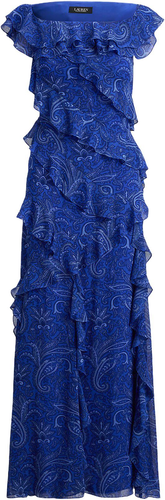 Print Ruffle-Trim Off-the-Shoulder Gown