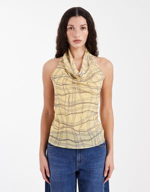 TSKELLY RUFFLE CHECK HALTER TOP WVN