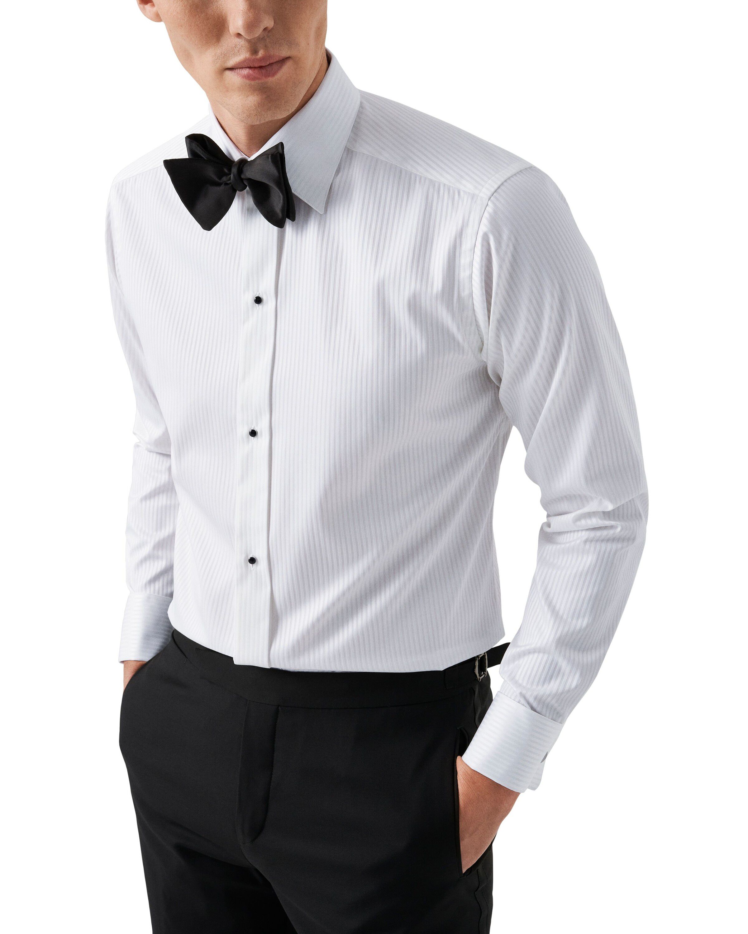White Striped Satin Tuxedo Shirt - Contemporary Fit