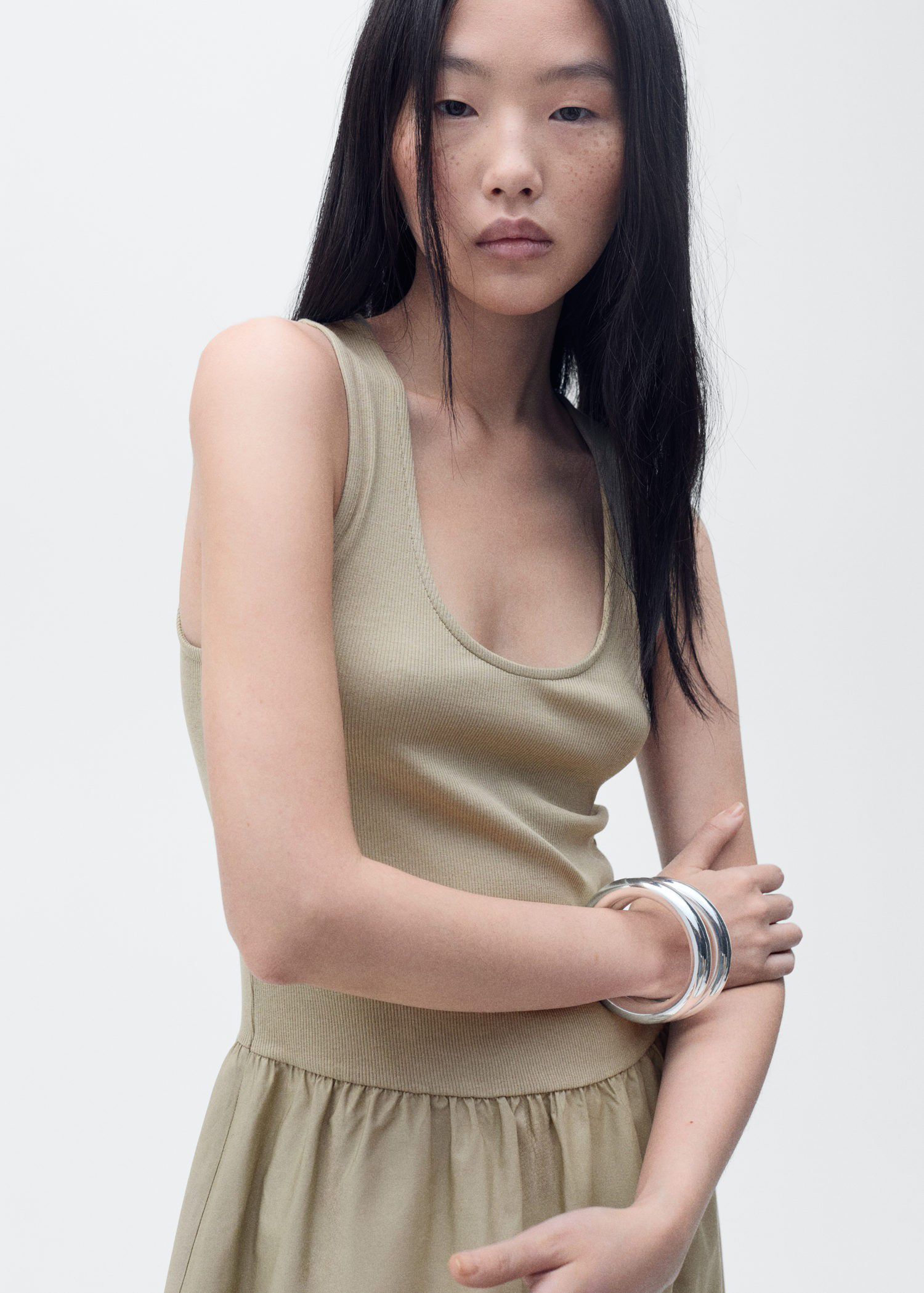 Flared dress in combined fabric