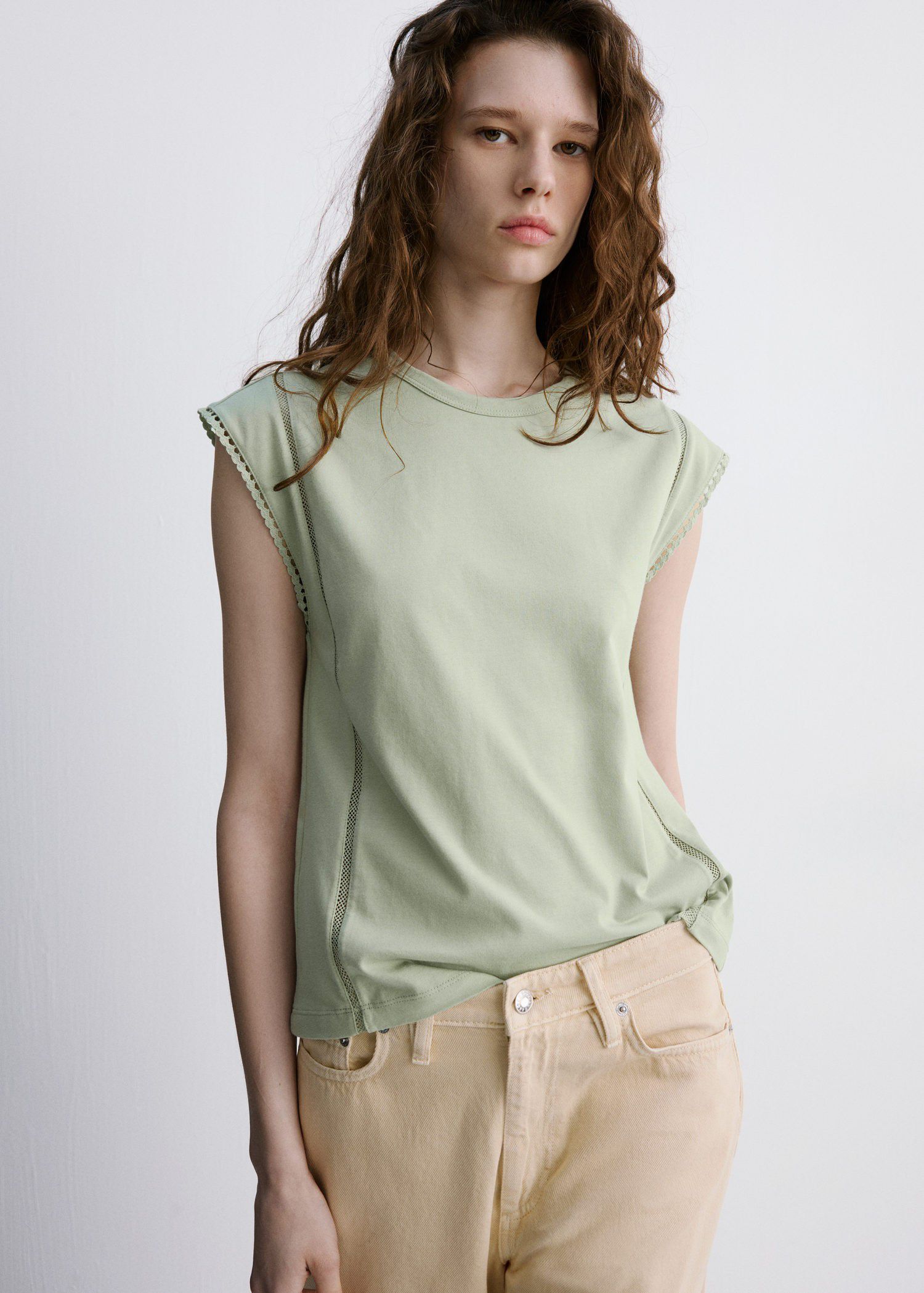 Embroidered cutwork cotton T-shirt