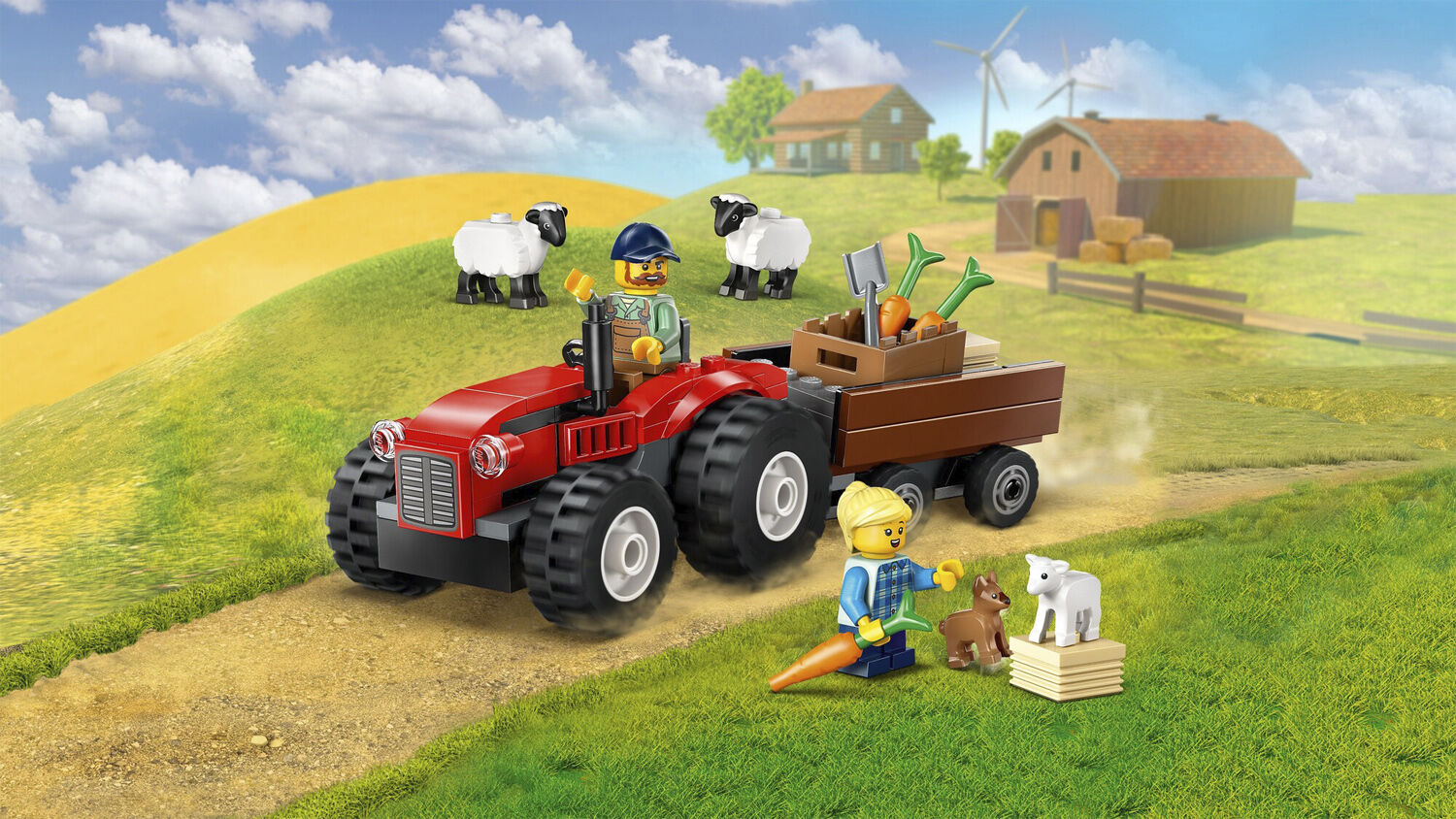 R&oslash;d traktor med anh&aelig;nger og f&aring;r 60461