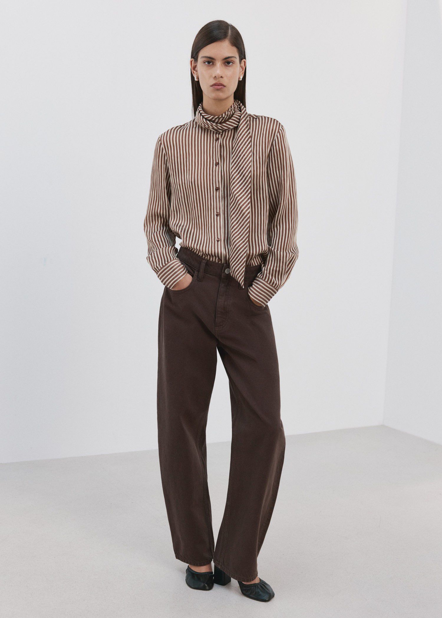 Striped blouse with bow tie neck