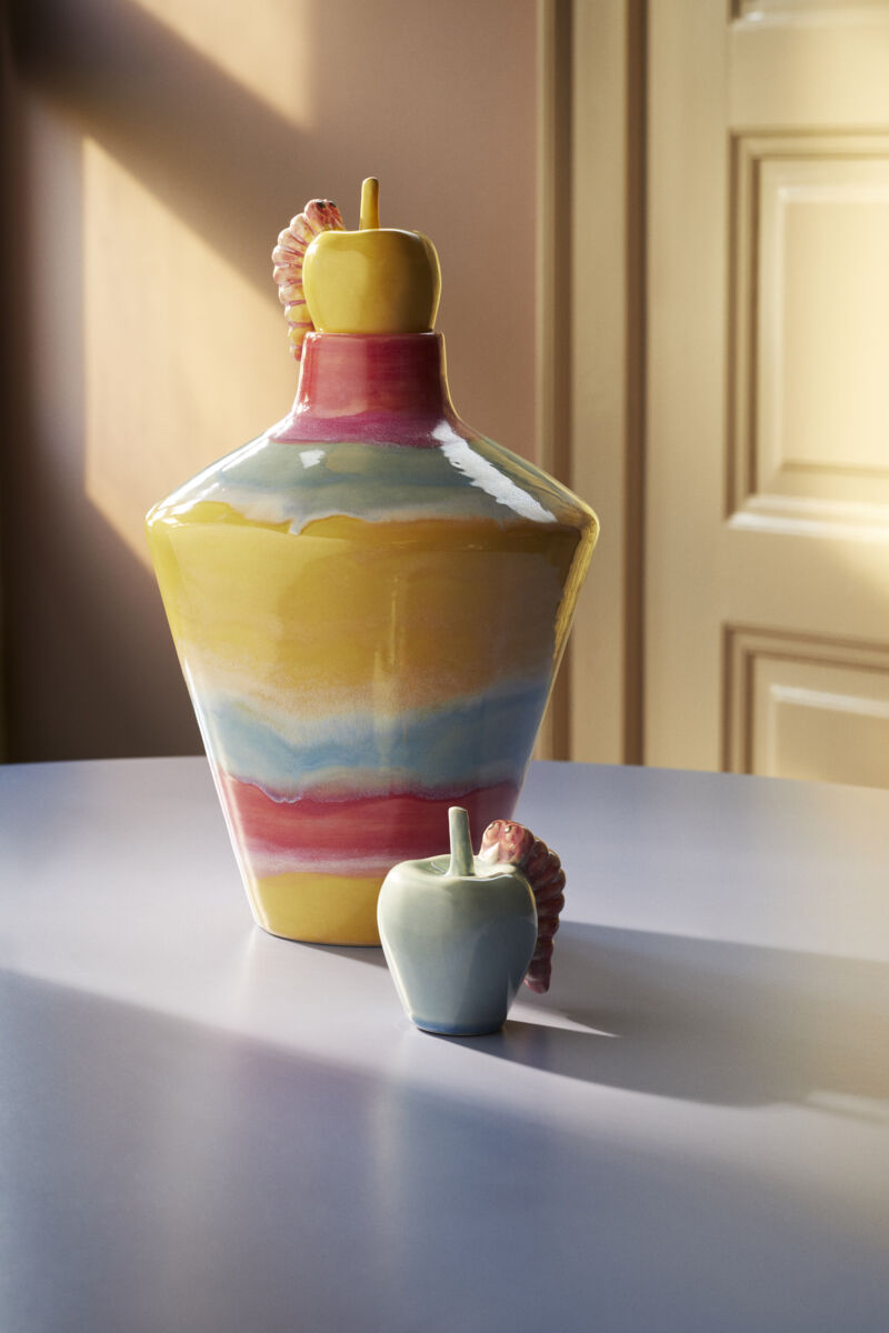 Poppery Vase med &aelig;ble H32 cm pink/mint/gul